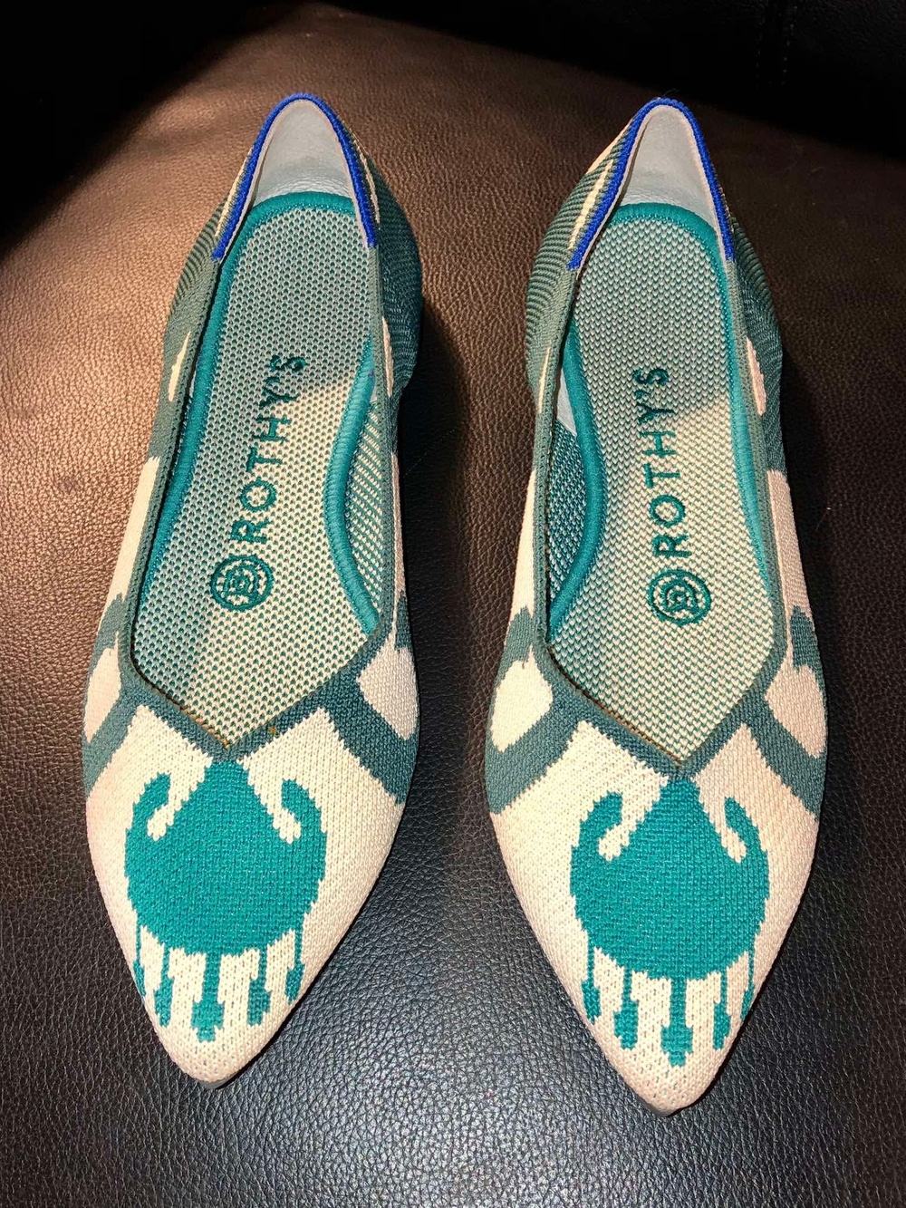 Rothy's "The Point" flats in the retired Moroccan Green Ikat pattern 6.5